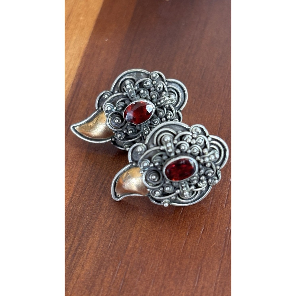 Vintage 925 Sterling Silver Gold Vermeil Ornate Garnet Earrings